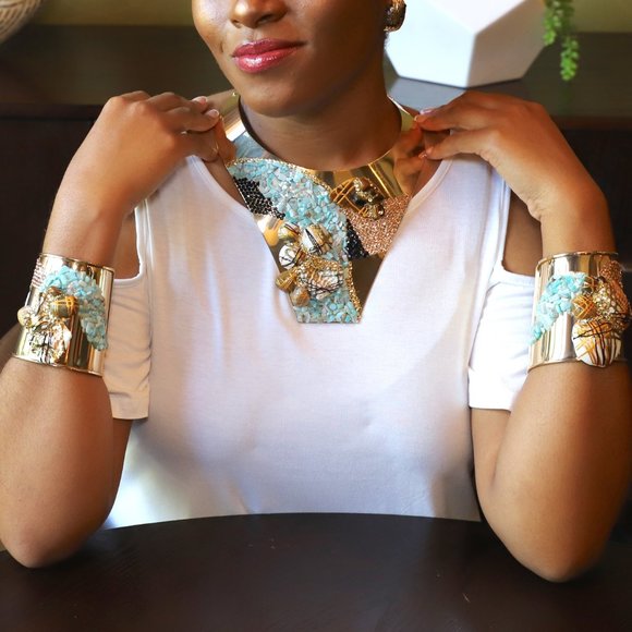 Gold Plated Choker 2 Bracelet and Earrings Set by Patricia Adelson - Picture 1 of 12